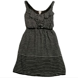 Vanity Womens Small Polka Dot Striped Ruffle Scoop Neck Mini Dress Black White